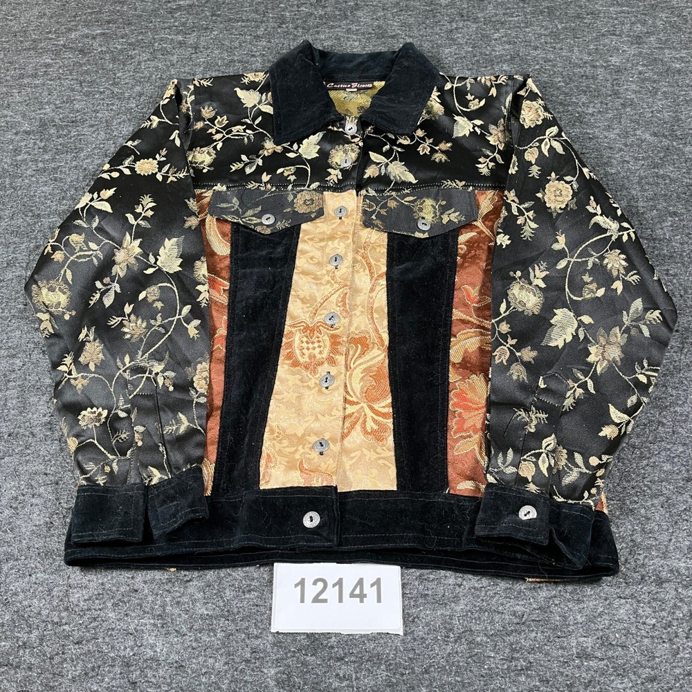 Cactus Flower Jacket Womens Small Black Gold Floral Tapestry Boho Button Front